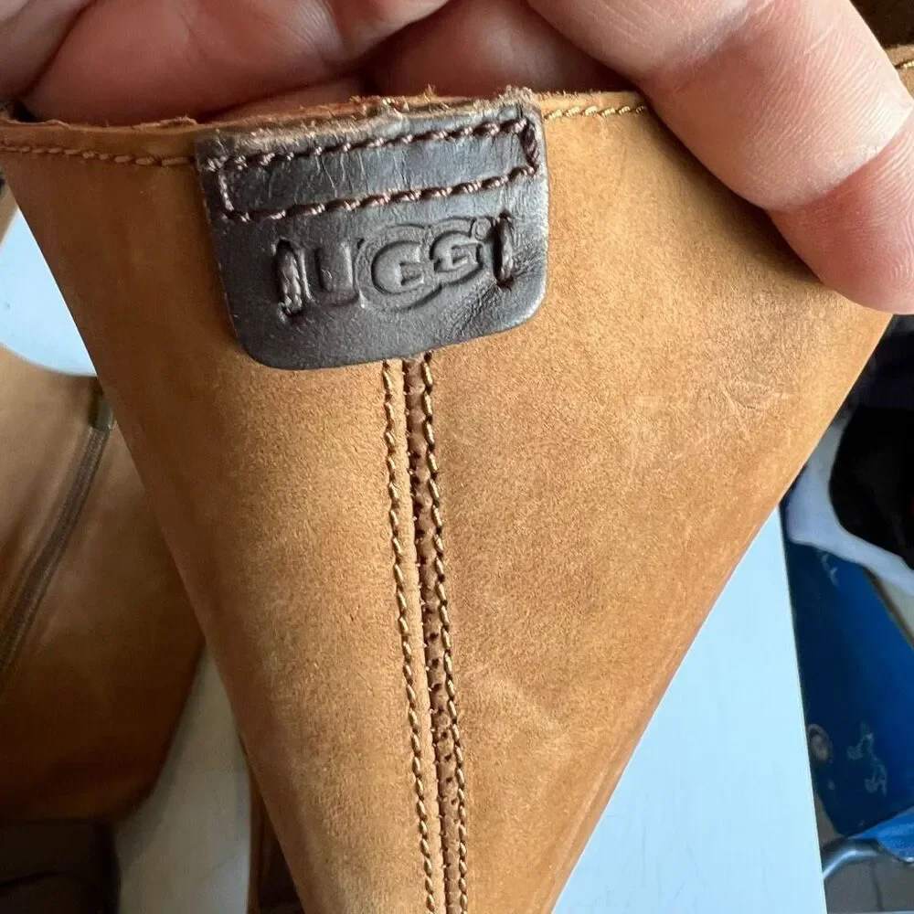 UGG Harington tall suede buckle strap boots in chestnut brown, a side zipper ank